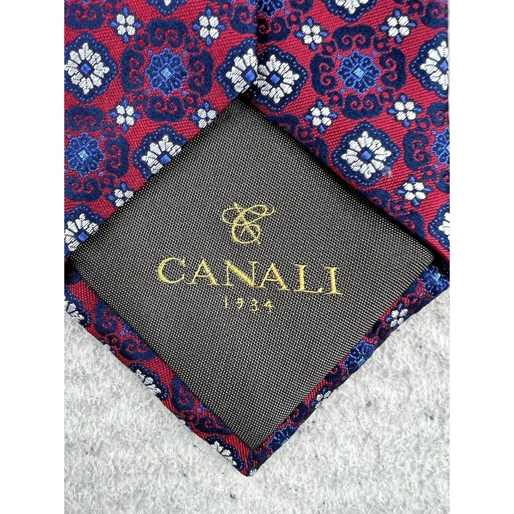 Canali Mens Silk Tie Red Blue Geometric Medallion Made In Italy Classic Pointed